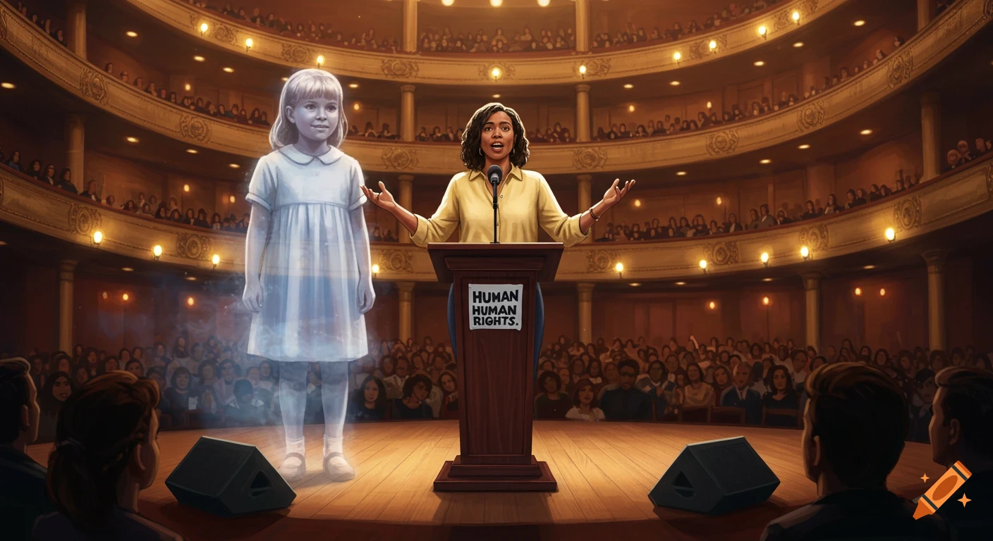 A woman speaks at a podium in a grand auditorium, a translucent young girl stands beside her, an audience looks on. Illustrated style.