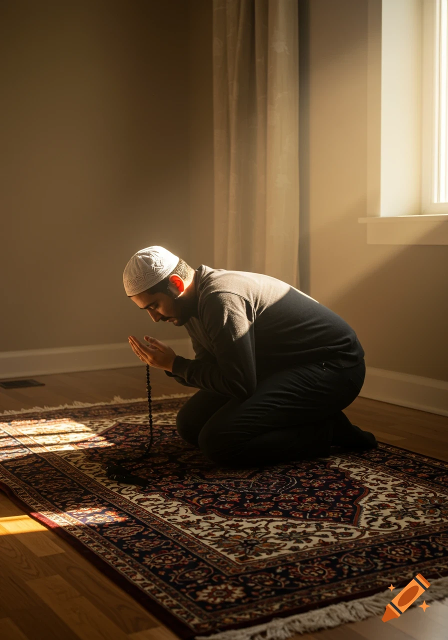 A man wearing a white kufi kneels on a patterned prayer rug in a sunlit room, holding prayer beads. Photorealistic.