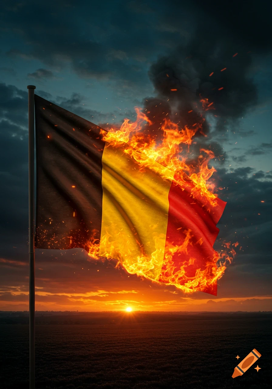 Photorealistic image of a Belgian flag burning fiercely against a dramatic sunset sky over a dark field.