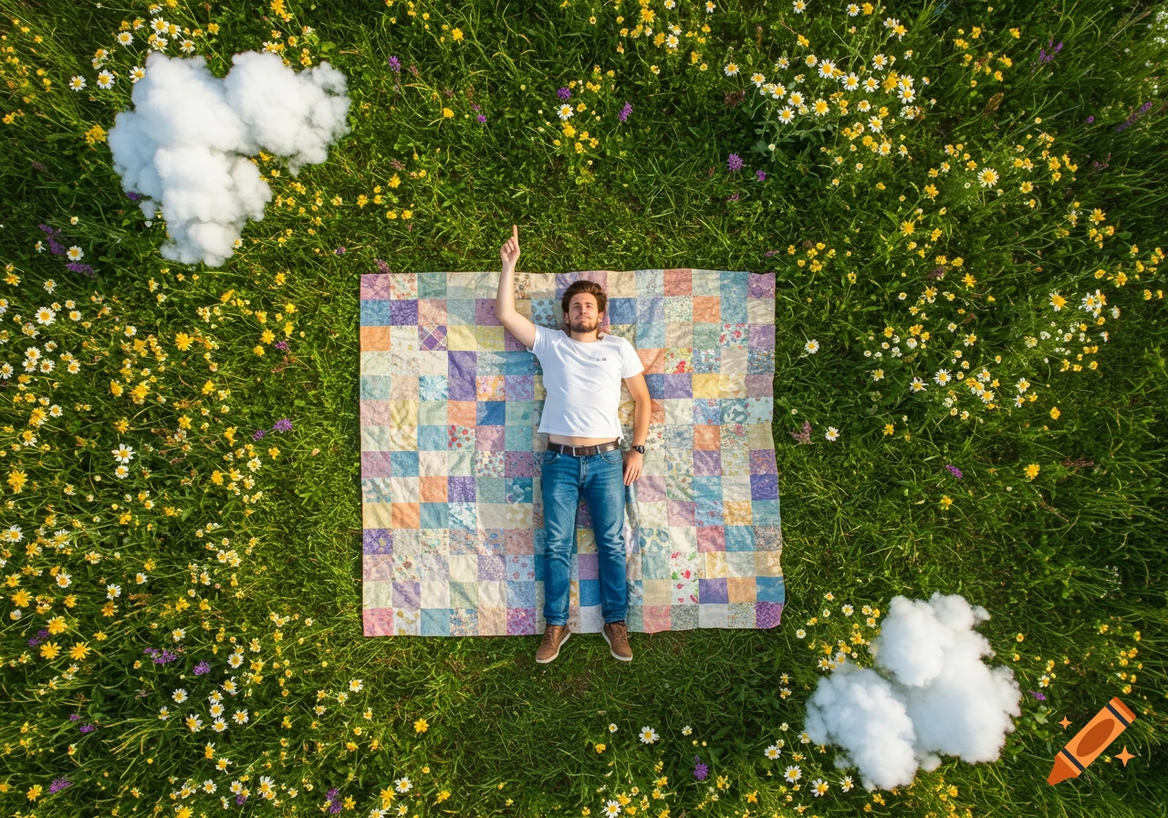 An aerial view of a man lying on a colorful quilt in a field of wildflowers, pointing his finger towards the sky.