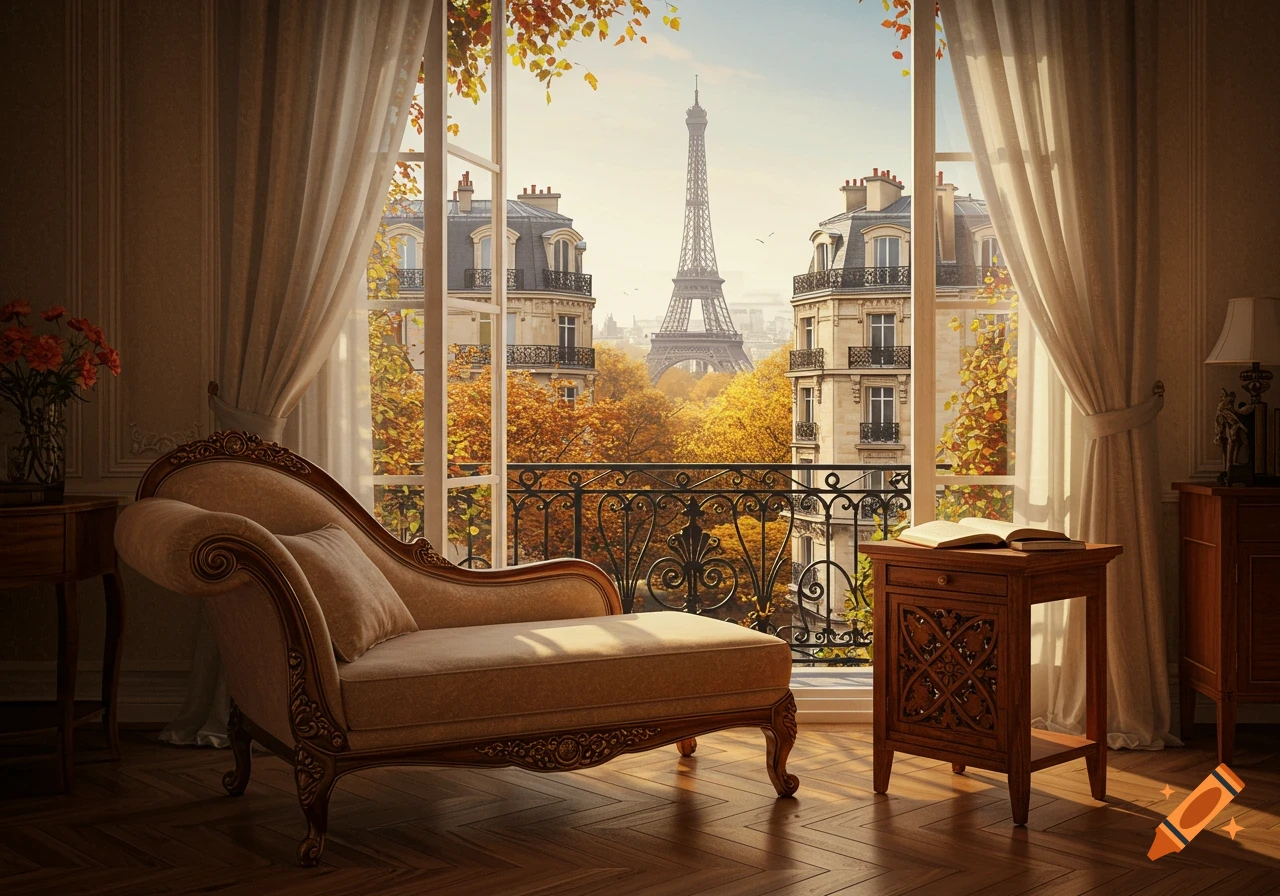 Cozy Parisian room with chaise lounge and window view of the Eiffel Tower, autumn trees, and classic buildings in warm morning light.