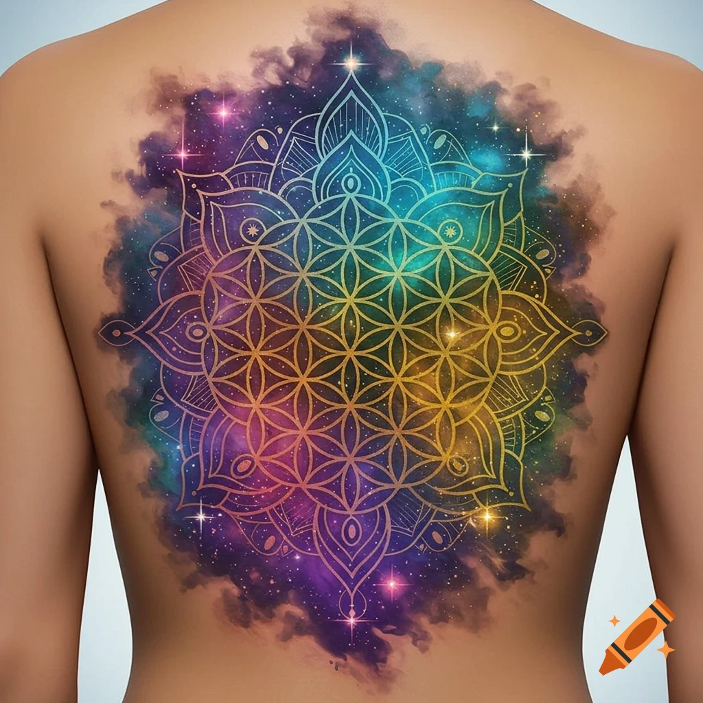 A large, colorful mandala and galaxy tattoo covers a person's upper back.