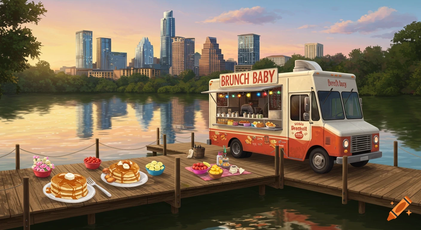 A brunch food truck with text "BRUNCH BABY" on a wooden dock by a lake, with plates of pancakes, fruit, and a city skyline in the background at sunset.