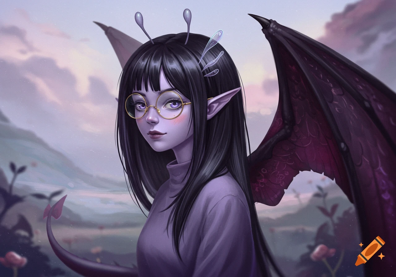 Anime girl with lavender skin, black hair, glasses, elf ears, antennae, and dragon wings against a pastel sky.