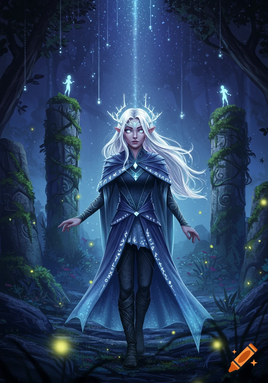An elf-like woman with white hair and a crown stands in a mystical forest, wearing a blue robe with glowing runes, under ethereal blue light.