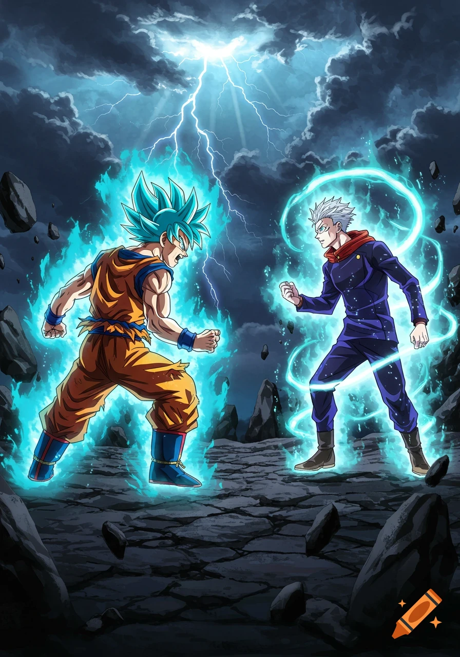 Anime battle illustration of Goku with blue aura and Gojo with blue energy, facing each other amidst lightning and dark clouds on rocky ground.