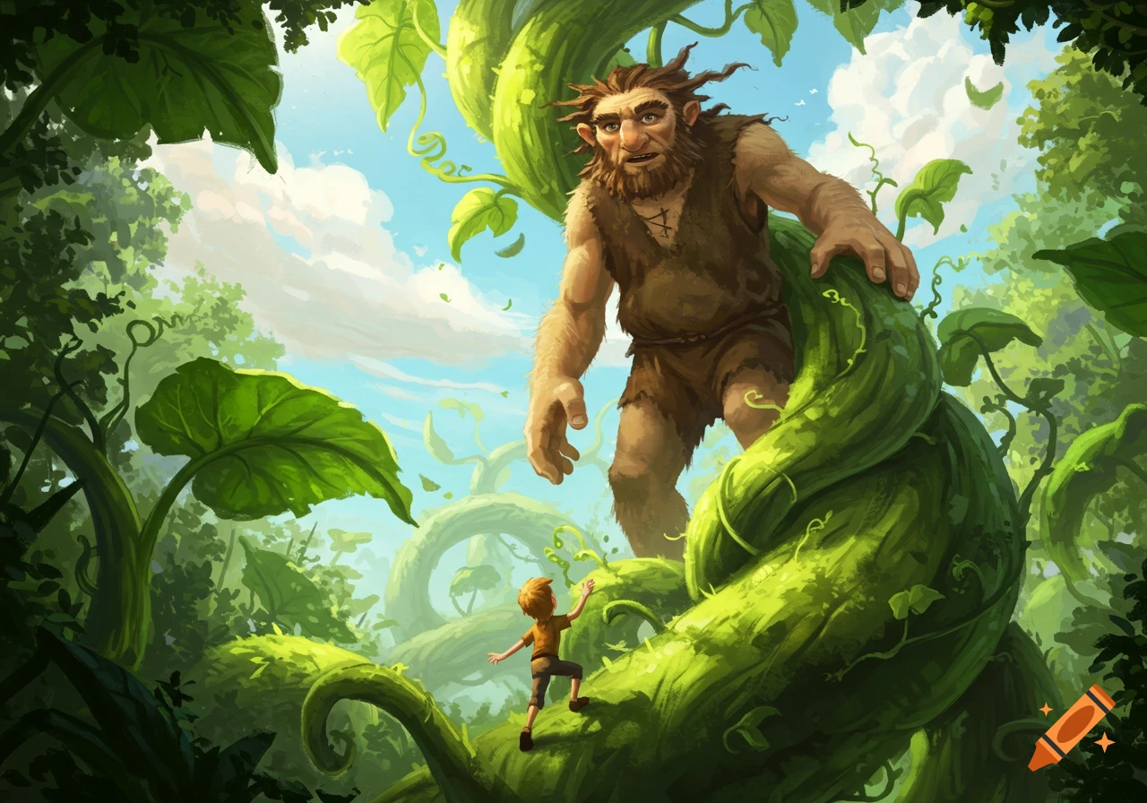 A detailed illustration of a boy, Jack, climbing a giant beanstalk while a large, bearded giant peers down from above, surrounded by lush green leaves.
