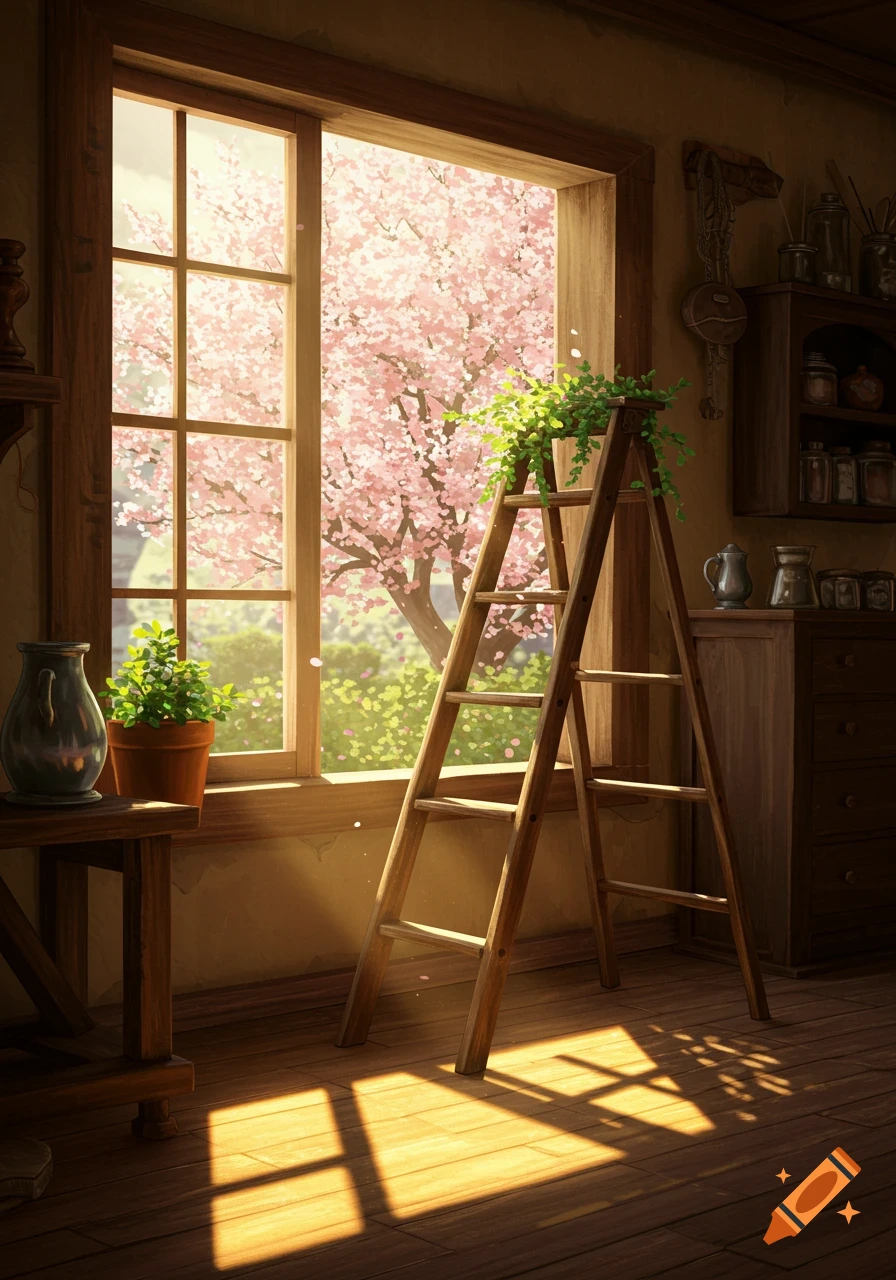A sunlit room with a wooden ladder holding a potted plant by a window looking out to a pink cherry blossom tree. Wooden floors and furniture.
