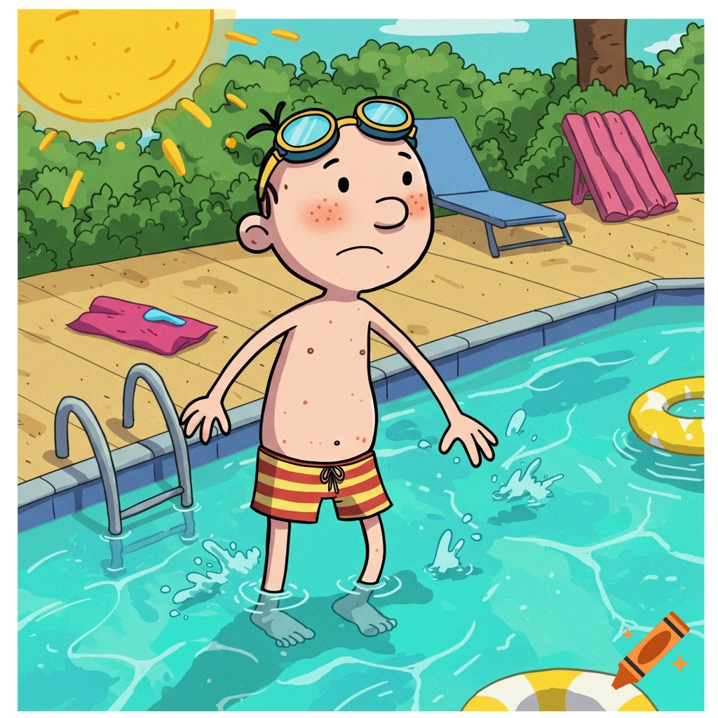 A cartoon boy with goggles on his head, wearing striped swimming trunks, stands in a pool with a slightly sad expression.