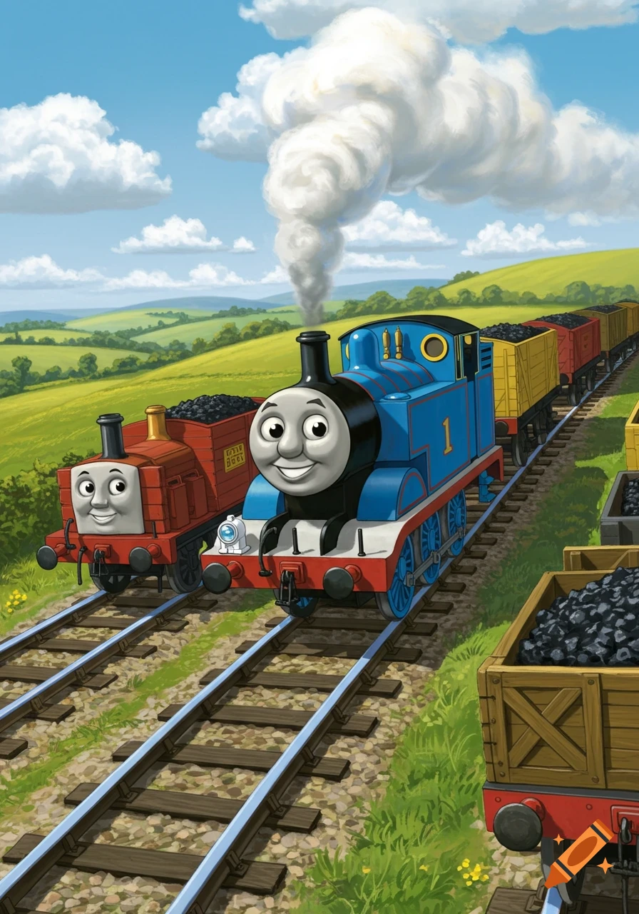 Thomas the Tank Engine and a red train pull coal cars through a vibrant green countryside under a blue sky, in a cartoon illustration.