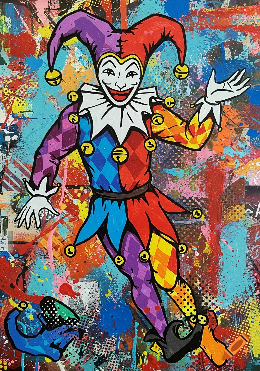 A colorful pop art jester with a diamond-patterned costume and bells, against a background of vibrant paint splatters.