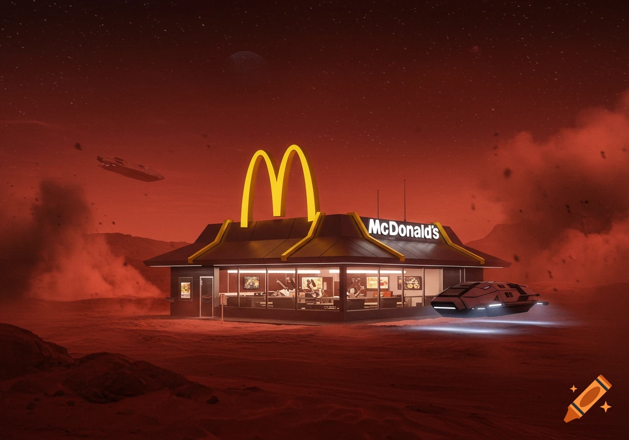 A McDonald's restaurant on a desolate red Martian landscape with spaceships flying overhead under a starry sky.