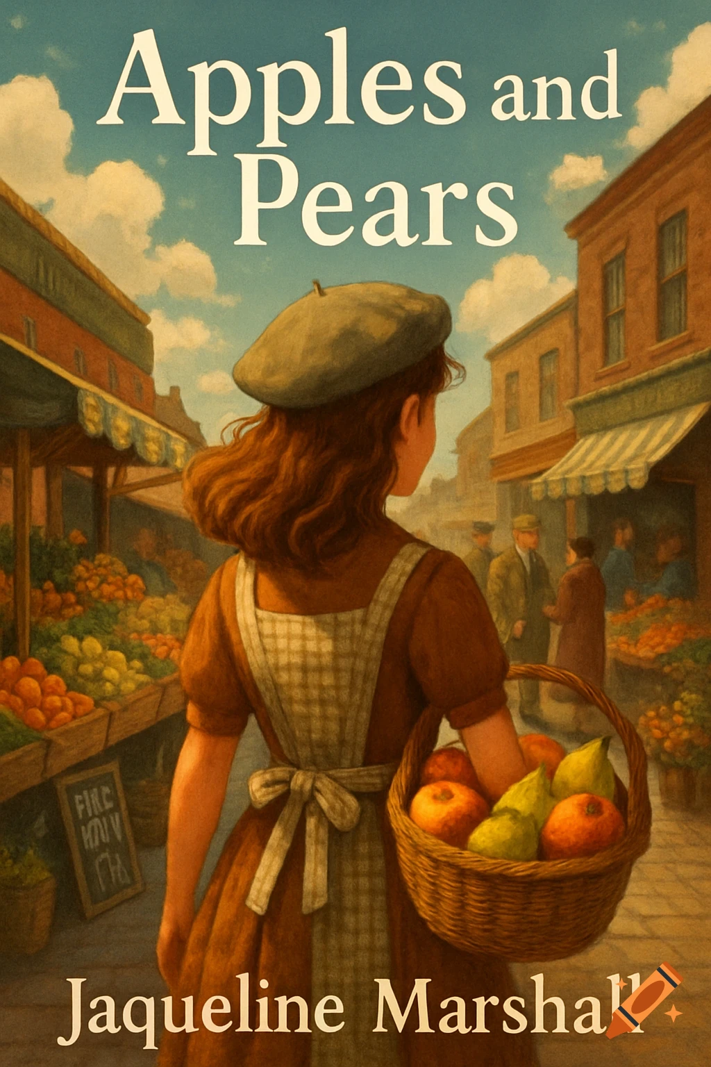 Illustrated book cover titled 'Apples and Pears' by Jaqueline Marshall, showing a girl with a fruit basket in a vintage market.