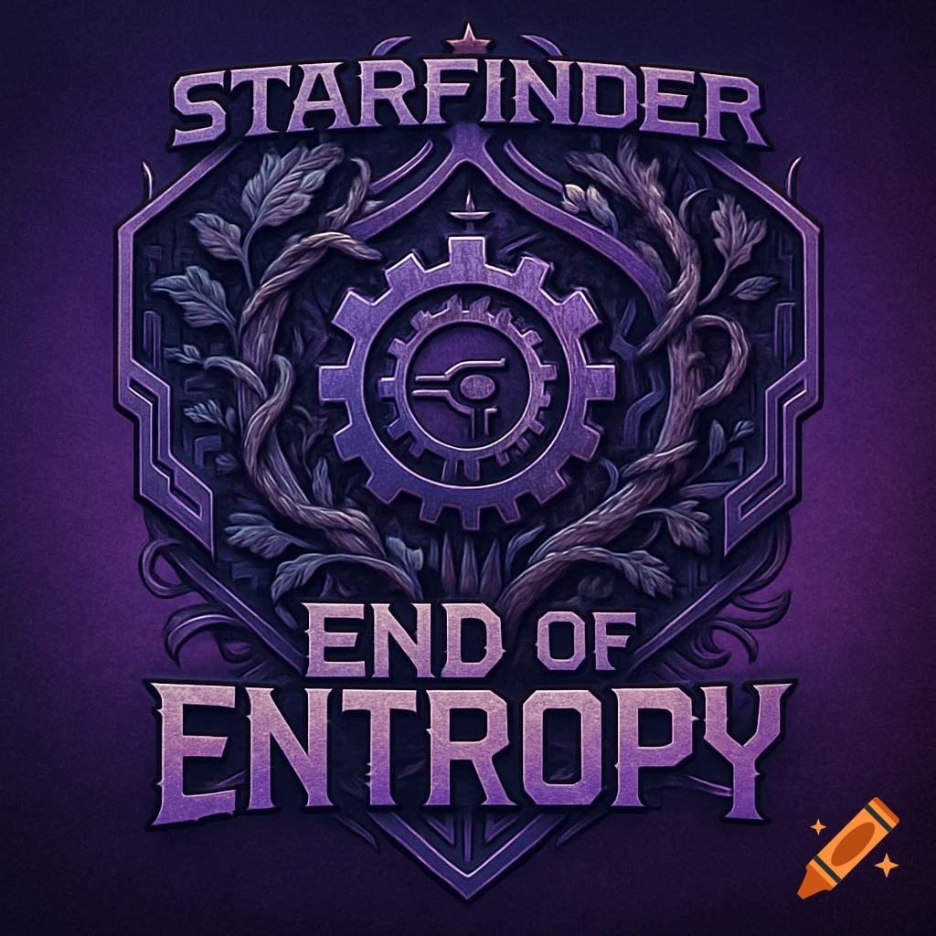 A stylized purple logo for Starfinder: End of Entropy, featuring a central gear intertwined with leafy vines, all within a shield-like emblem.