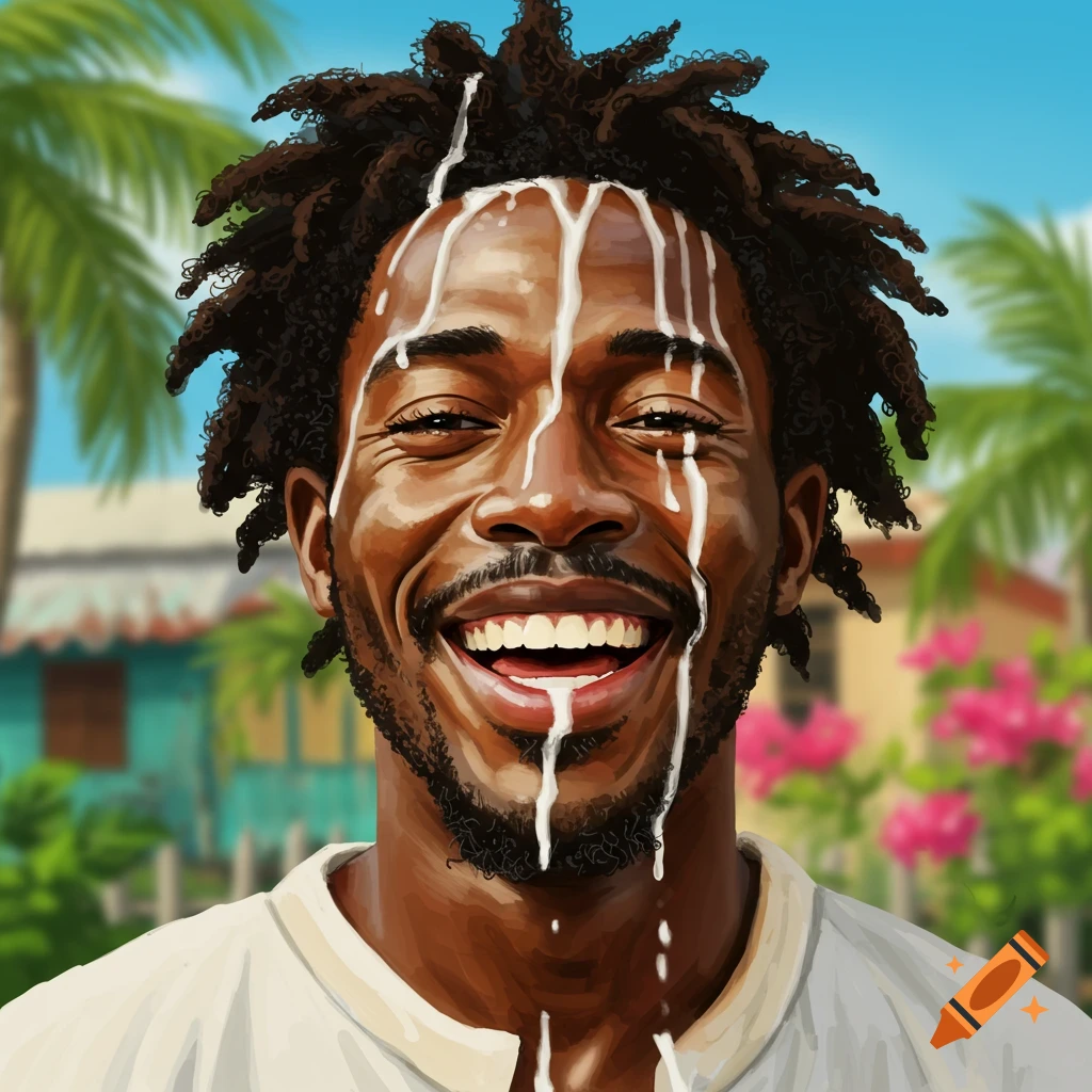 Illustrative portrait of a smiling Jamaican man with dreadlocks, with milk dripping down his face, set against a tropical background.