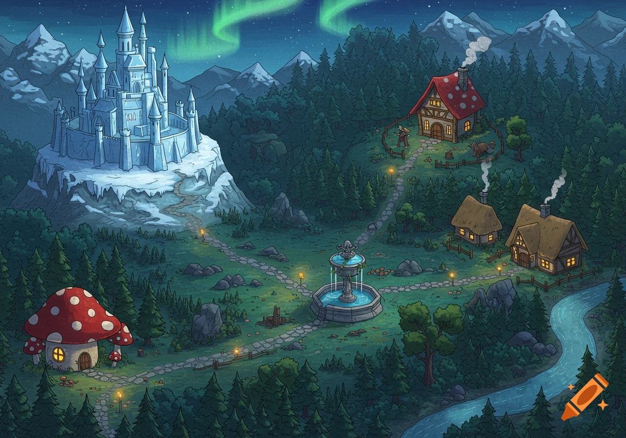 A top-down illustrated map of a fantasy world with an ice castle, forest, mushroom house, village, river, and fountain under aurora borealis.