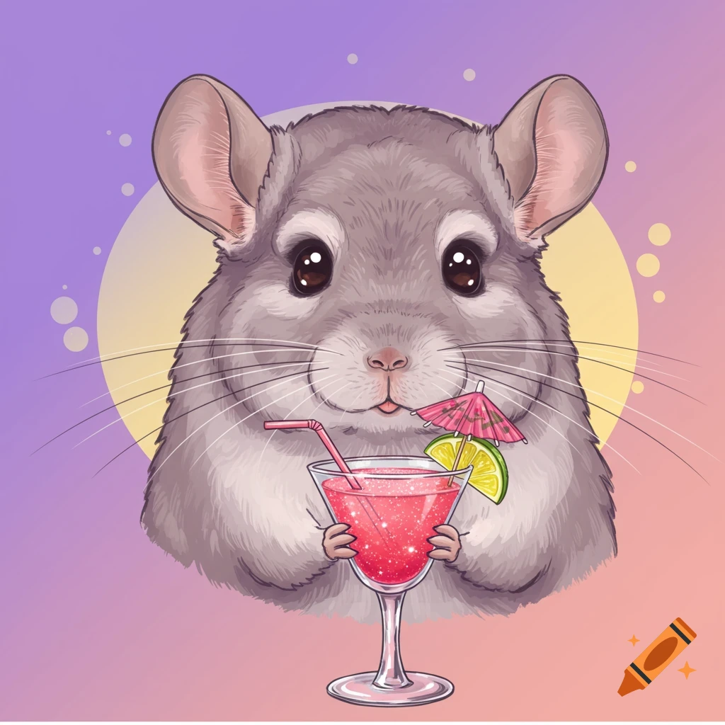 Vector art headshot of a cute chinchilla holding a pink glittery cocktail with a straw, lime, and umbrella.