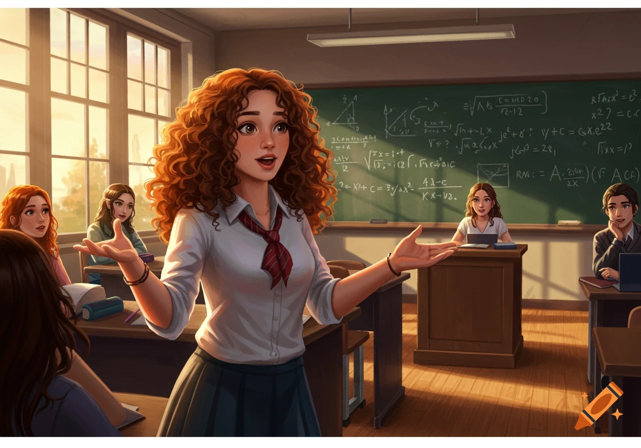 A girl with curly hair, wearing a school uniform, stands in a classroom with other students and a chalkboard filled with garbled equations, in an animated illustration style.