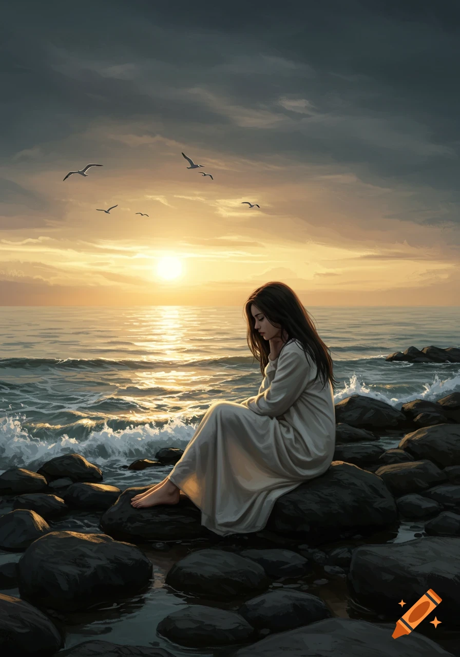 A woman in a white dress sits on dark rocks by the ocean, watching the waves at a golden sunset.