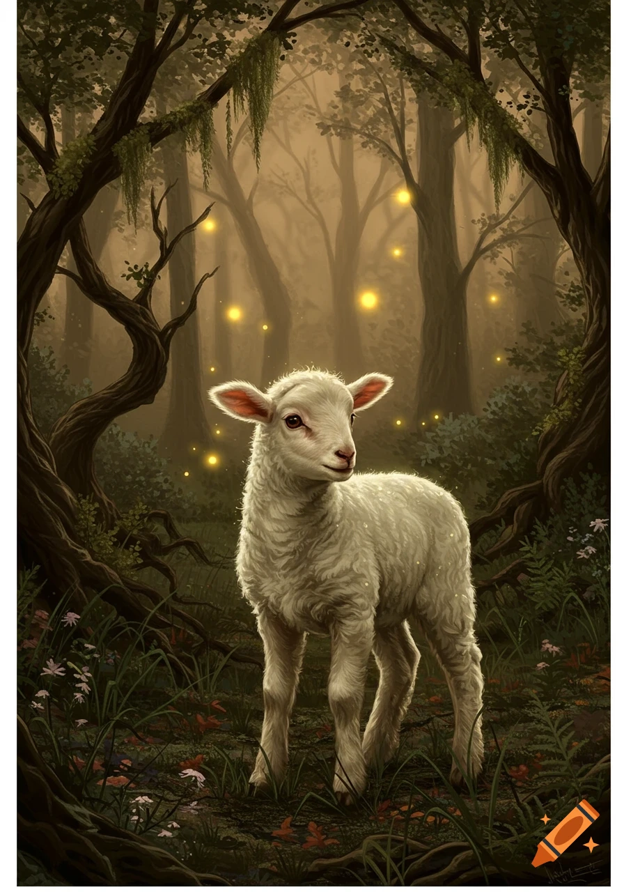 A fluffy white lamb stands in a dark, misty fantasy forest with glowing fireflies.