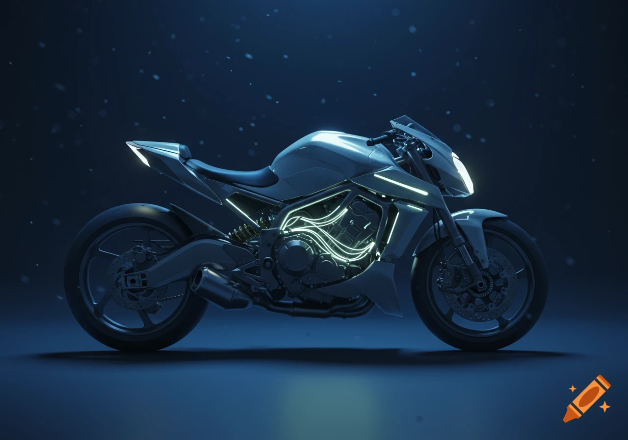 Futuristic concept motorbike with glowing blue neon accents on a dark background.