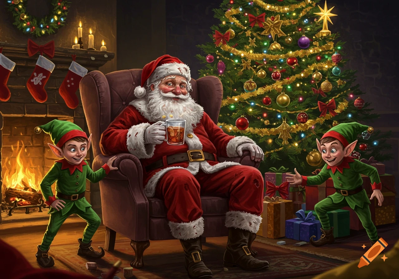Detailed illustration of Santa Claus in an armchair by a festive fireplace and Christmas tree, holding a mug, flanked by two mischievous elves.