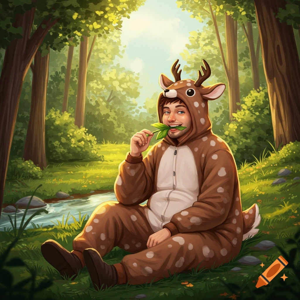 An illustration of a man in a brown deer onesie sitting by a stream in a lush forest, cheerfully chewing on green leaves.