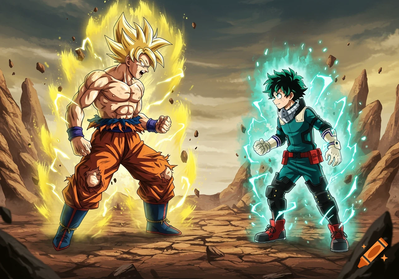Goku with golden aura and Deku with green aura prepare for battle in a rocky anime landscape.