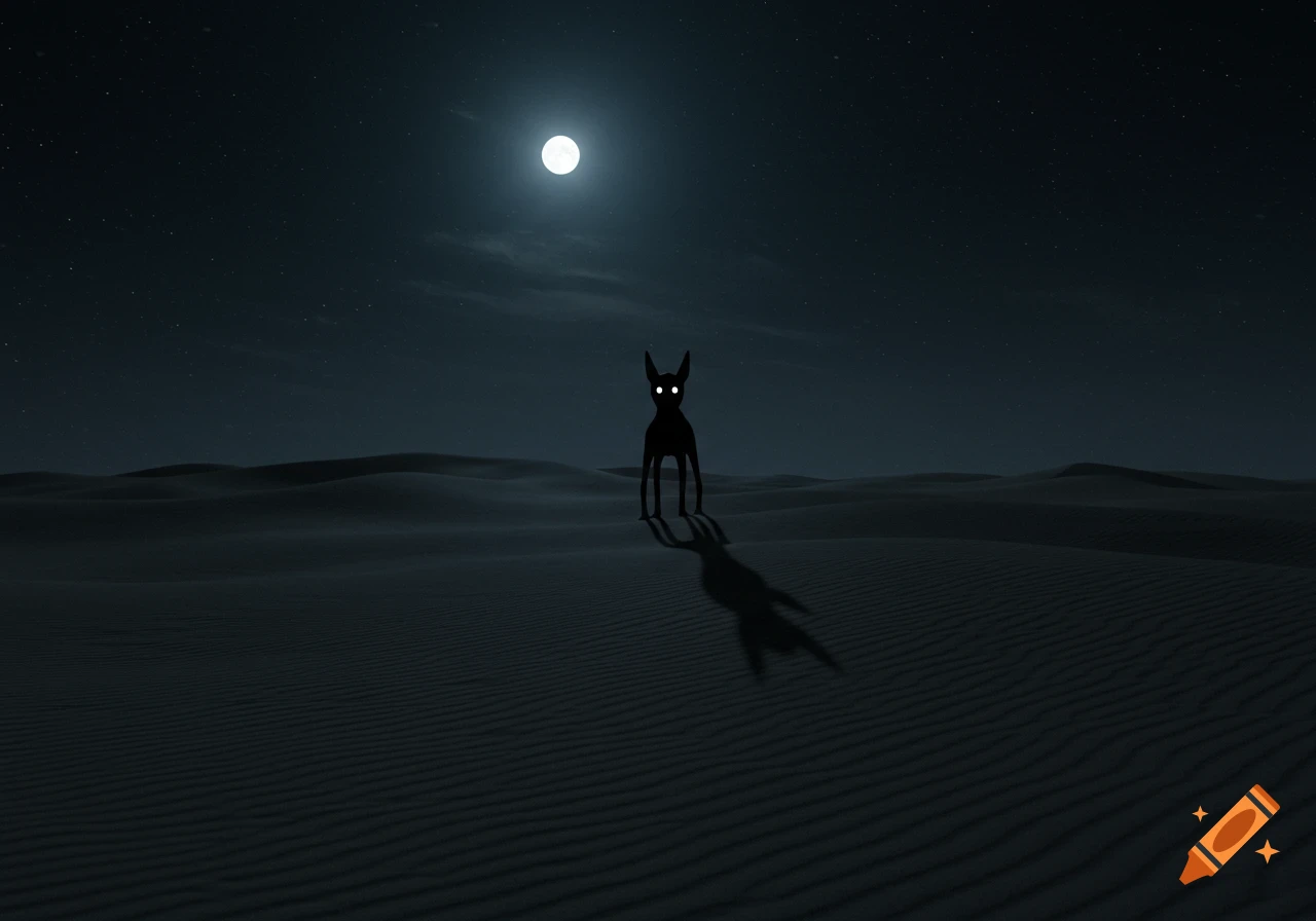 A black silhouette of a dog with glowing white eyes stands in a dark desert under a bright full moon and starry sky.