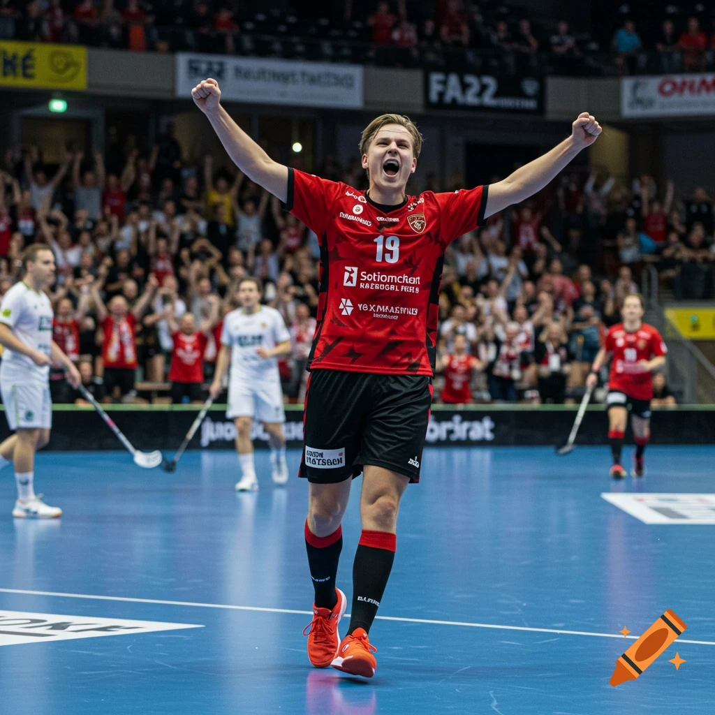 A jubilant floorball player in a red and black uniform celebrates on a blue court in a stadium, arms raised to a cheering crowd.