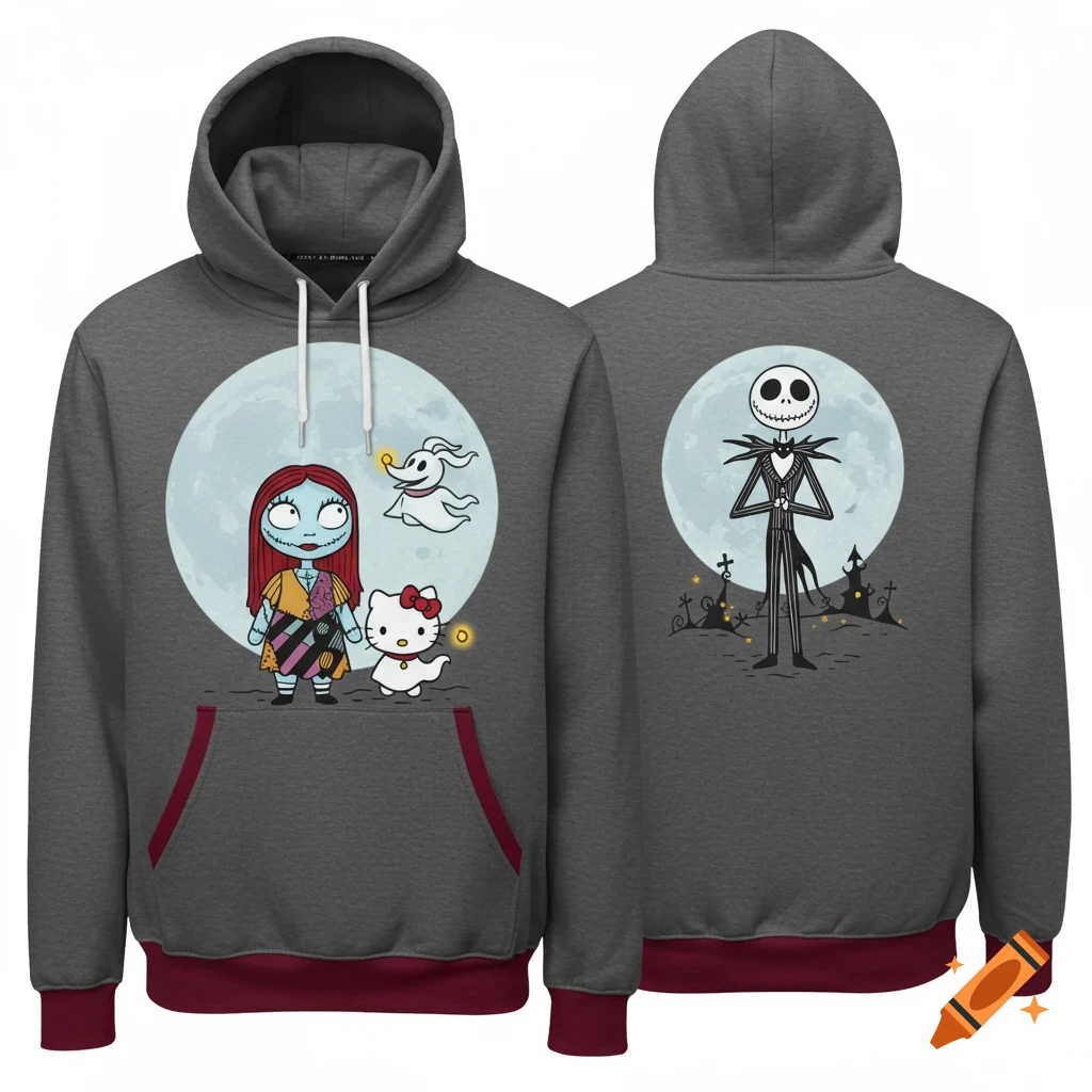 Grey hoodie with Hello Kitty-style Nightmare Before Christmas characters Sally, Zero, and Hello Kitty on front, and Jack Skellington on back, against a full moon.