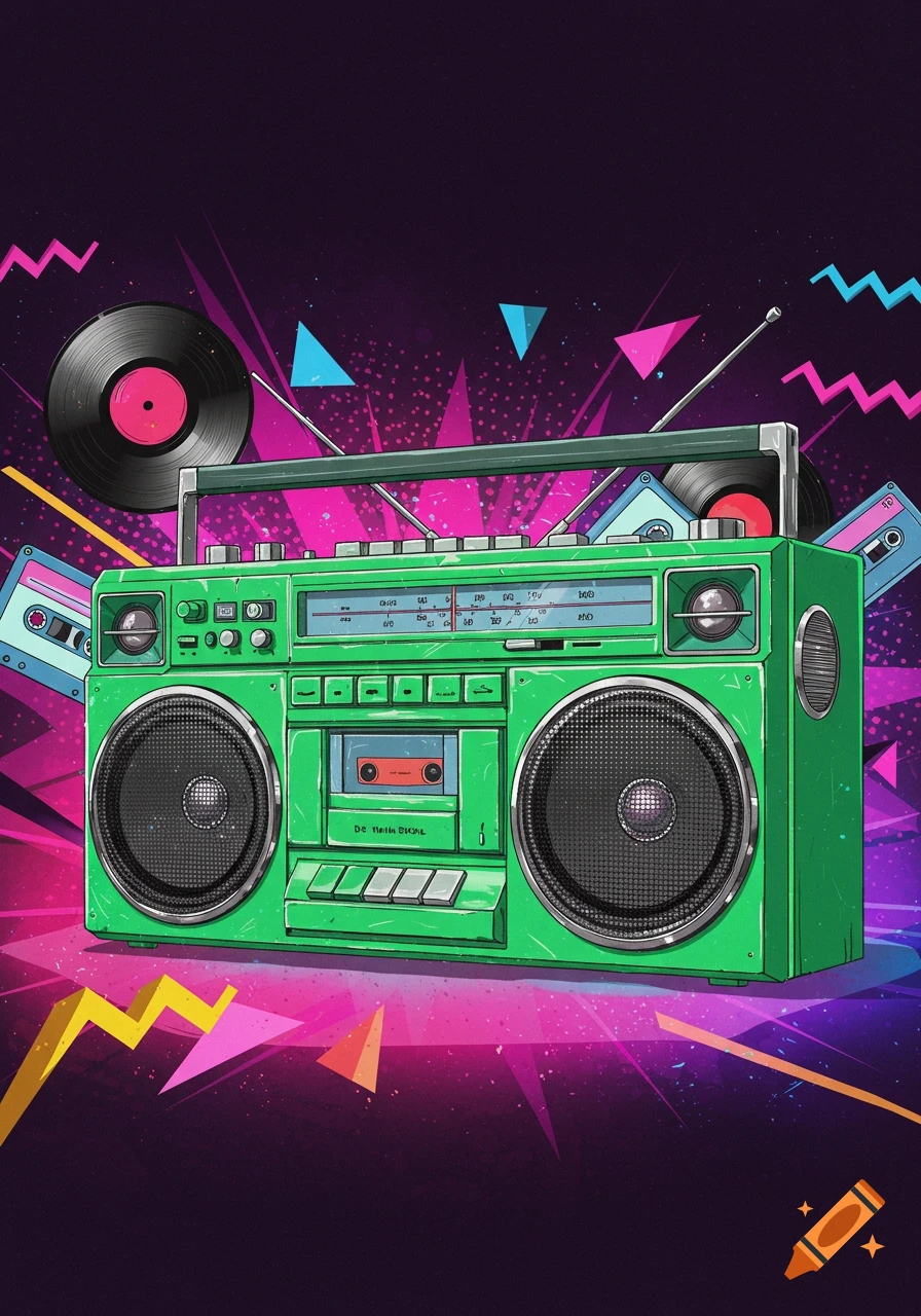 A bright green boombox with cassette tapes and a vinyl record on a vibrant 90s-inspired background with geometric shapes and neon colors.