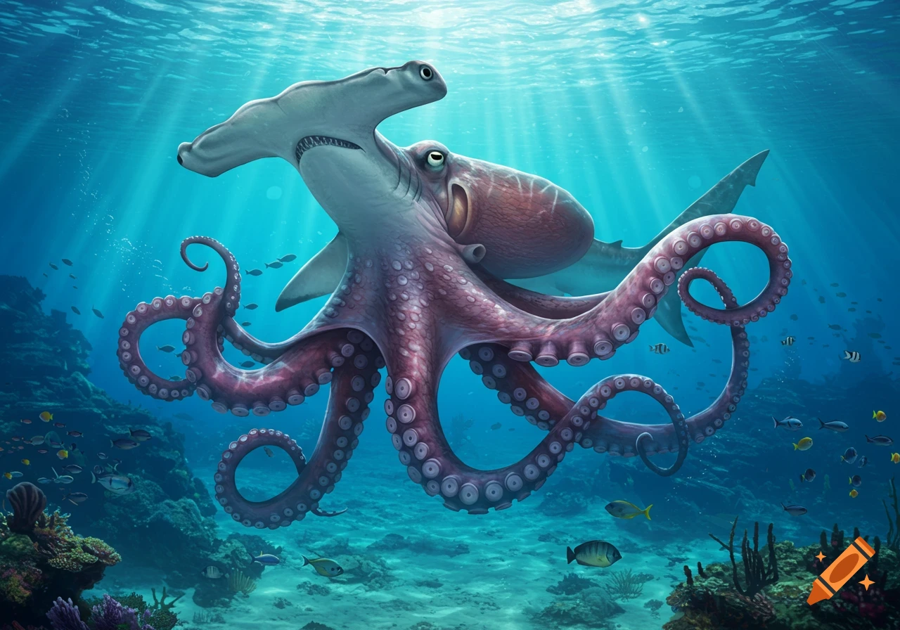 A fantasy hybrid creature, part hammerhead shark and part octopus, swims gracefully in a vibrant blue ocean with coral reefs and small fish.