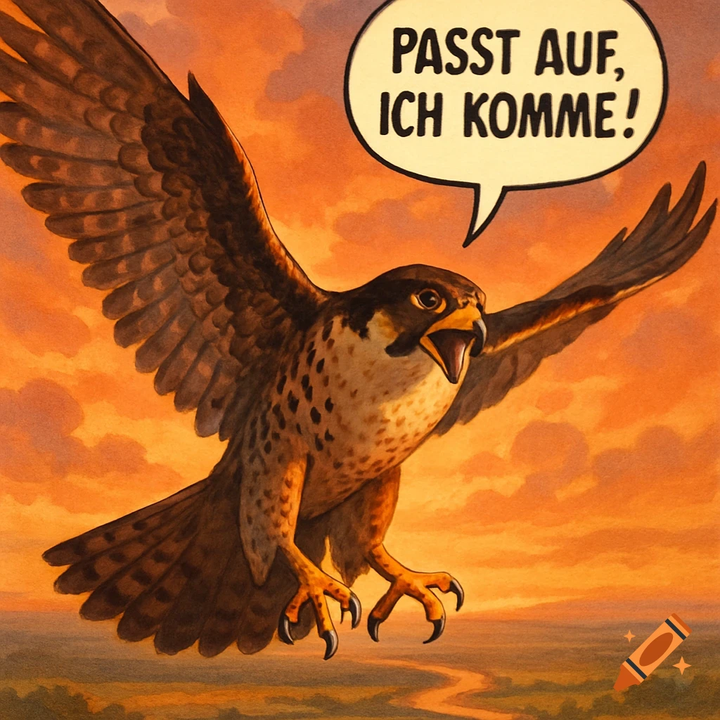 An illustration of a falcon with wings spread, flying through an orange sunset sky, with a speech bubble that reads 'PASST AUF, ICH KOMME!'.