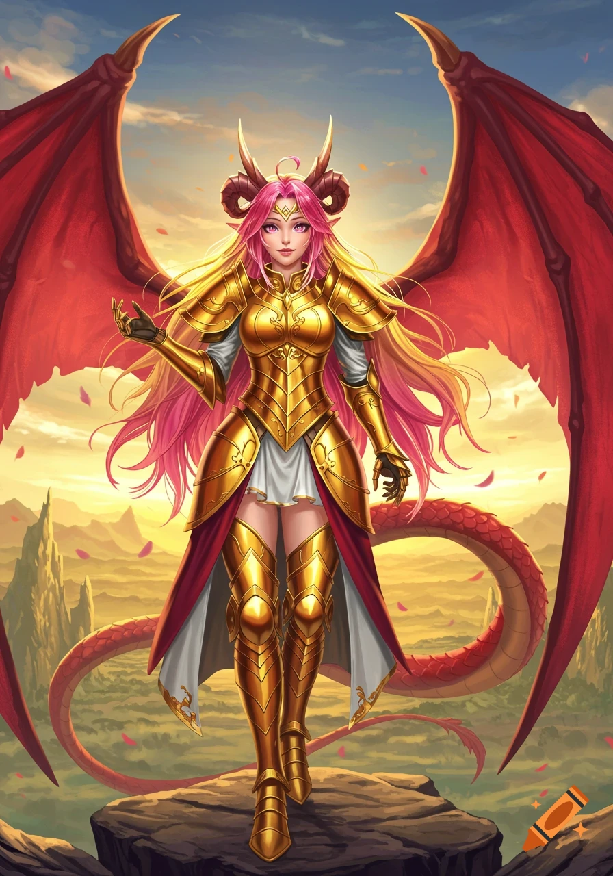 Anime dragon girl in golden armor with pink hair and red wings stands on a rock at sunset.