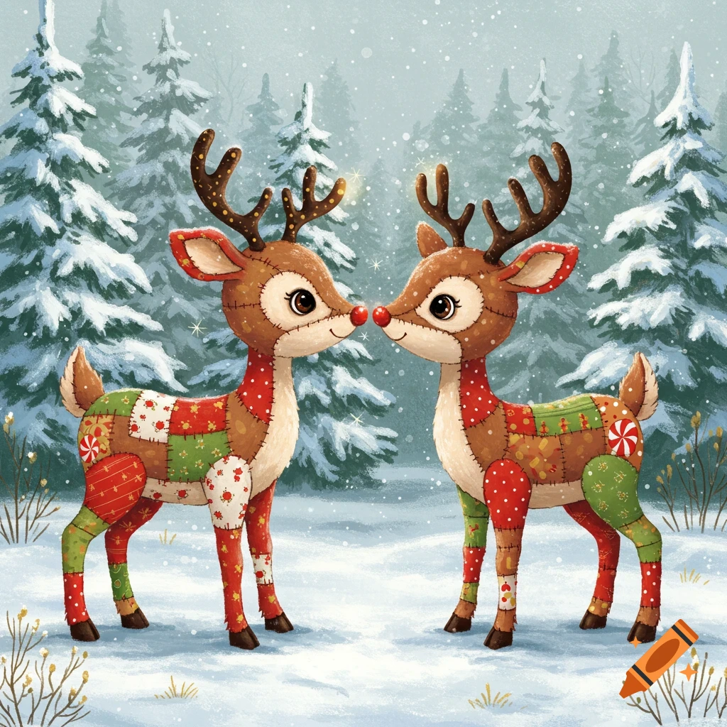 Two cute patchwork Christmas reindeer with red noses touch noses in a snowy winter forest illustration.
