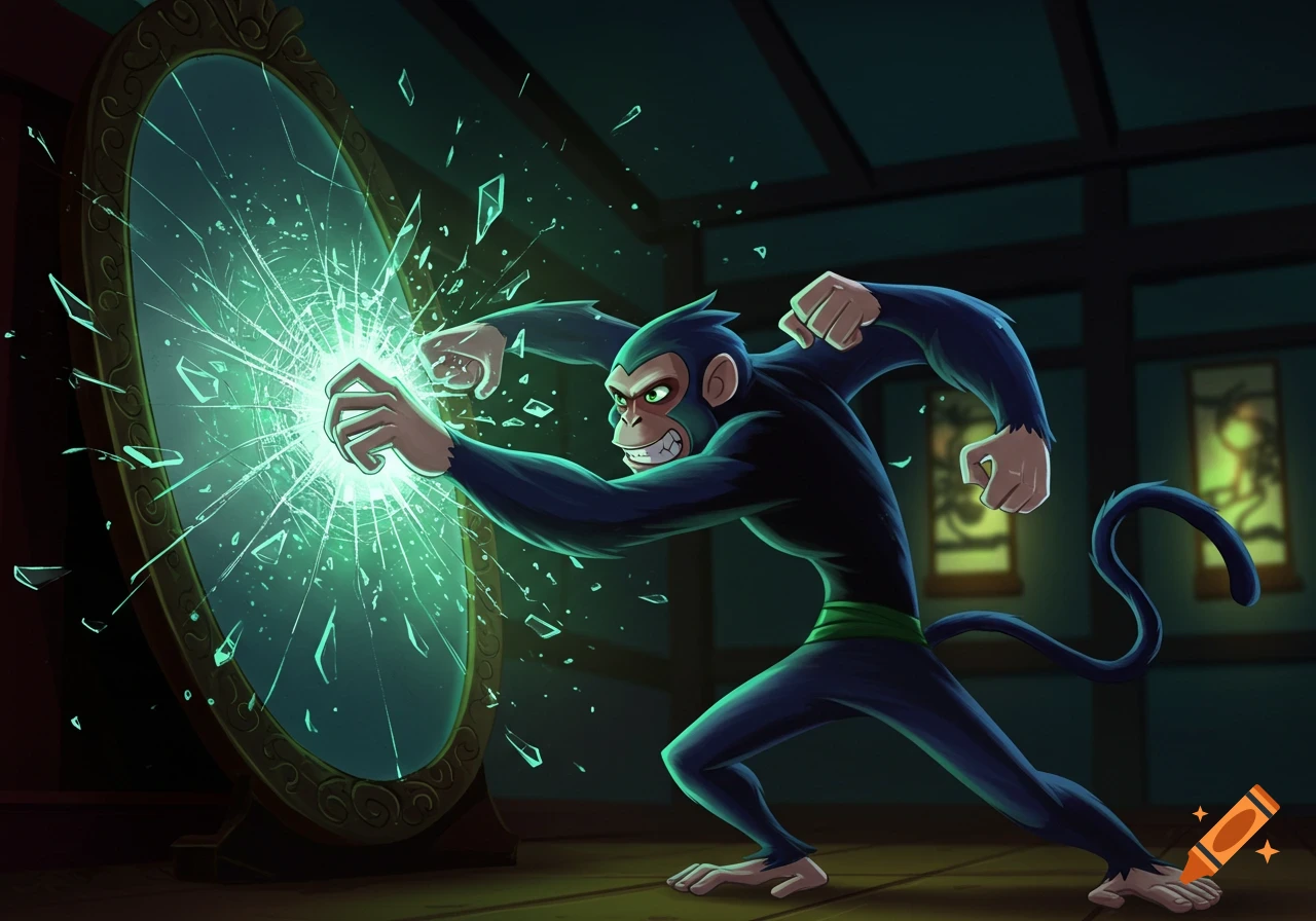 A stylized monkey with green eyes punches a mirror, causing it to shatter with a bright green light in a dark room.