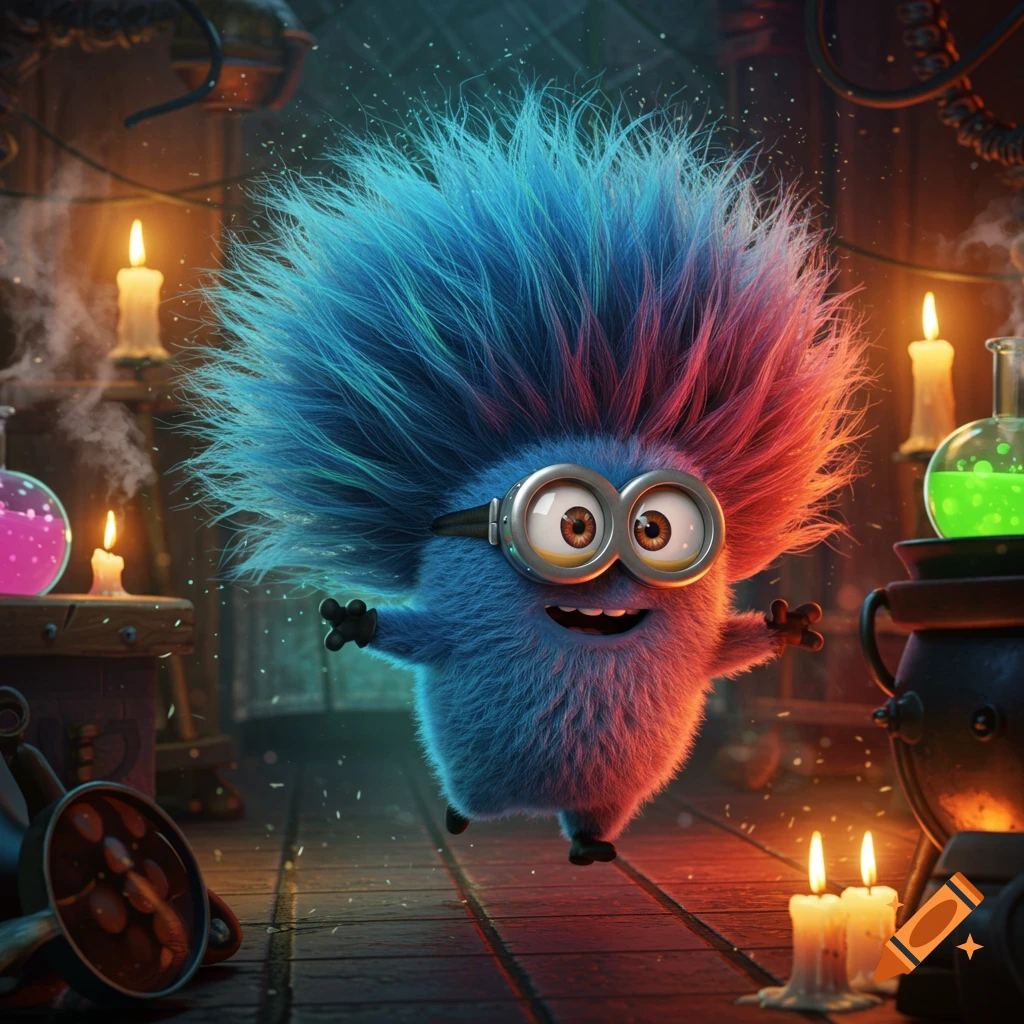 A whimsical, furry blue creature with spiky blue and red hair and goggles smiles while running in a candlelit fantasy lab.