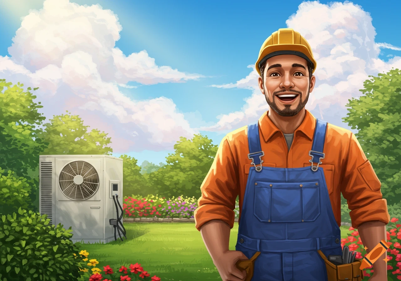 A smiling cartoon HVAC technician in a hard hat and overalls stands in a sunny garden with an air conditioning unit.