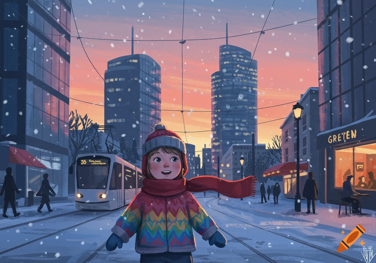 A happy child in a colorful winter coat and red hat stands in a snowy city street with a tram and buildings at sunset, in an illustrative style.