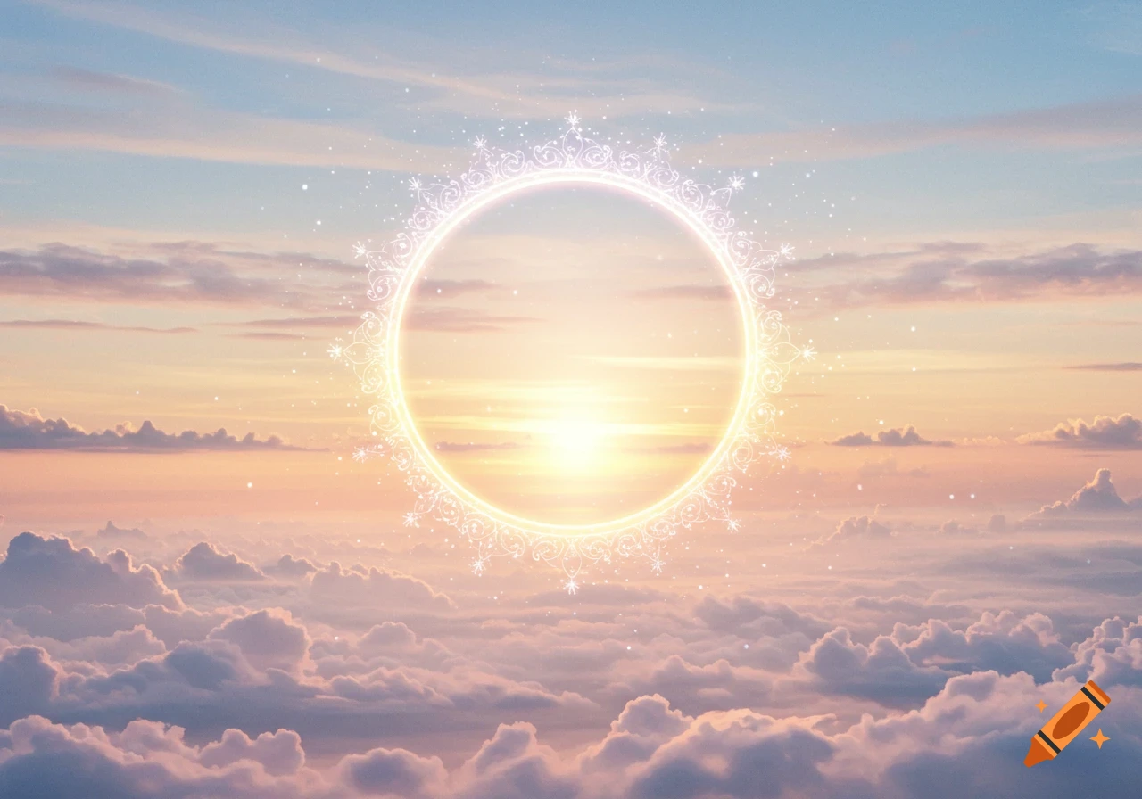 An ethereal, ornate glowing halo shines brightly above soft clouds during a golden sunset.