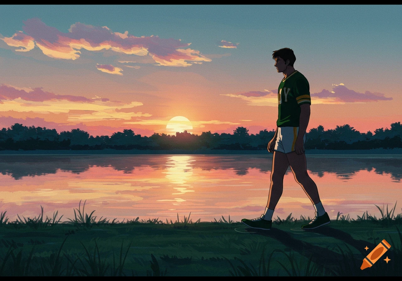 An athletic man walks along a grassy lake shore at sunset, rendered in an 80s anime style.