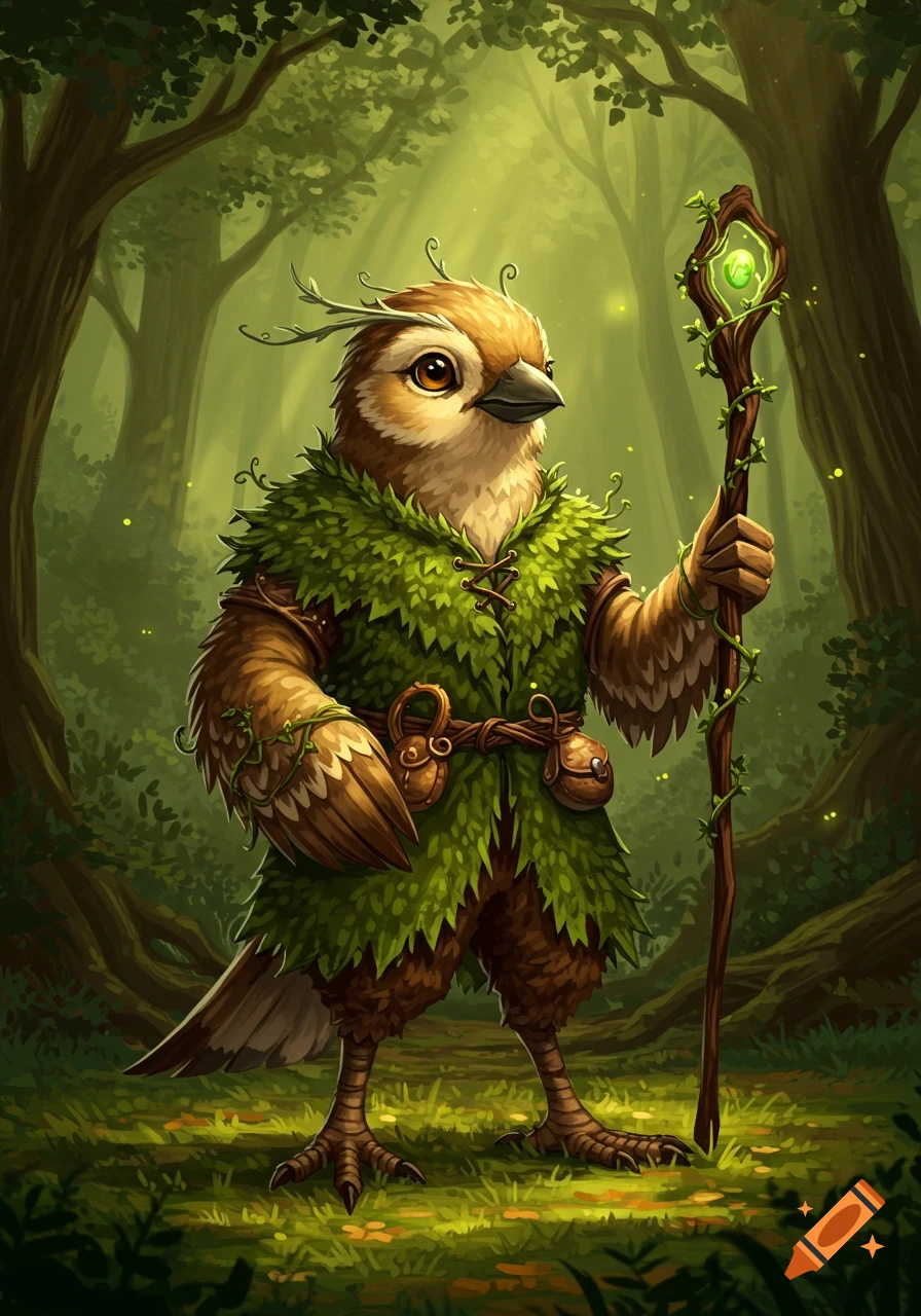 An anthropomorphic bird cleric in leafy green attire holding a glowing staff in a sunlit forest.