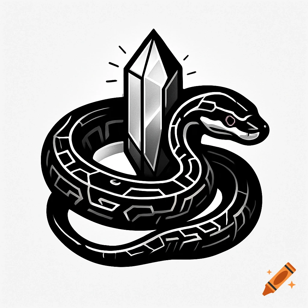 A stylized black snake with white patterns wrapped around a glowing faceted crystal, presented as a logo on a white background.