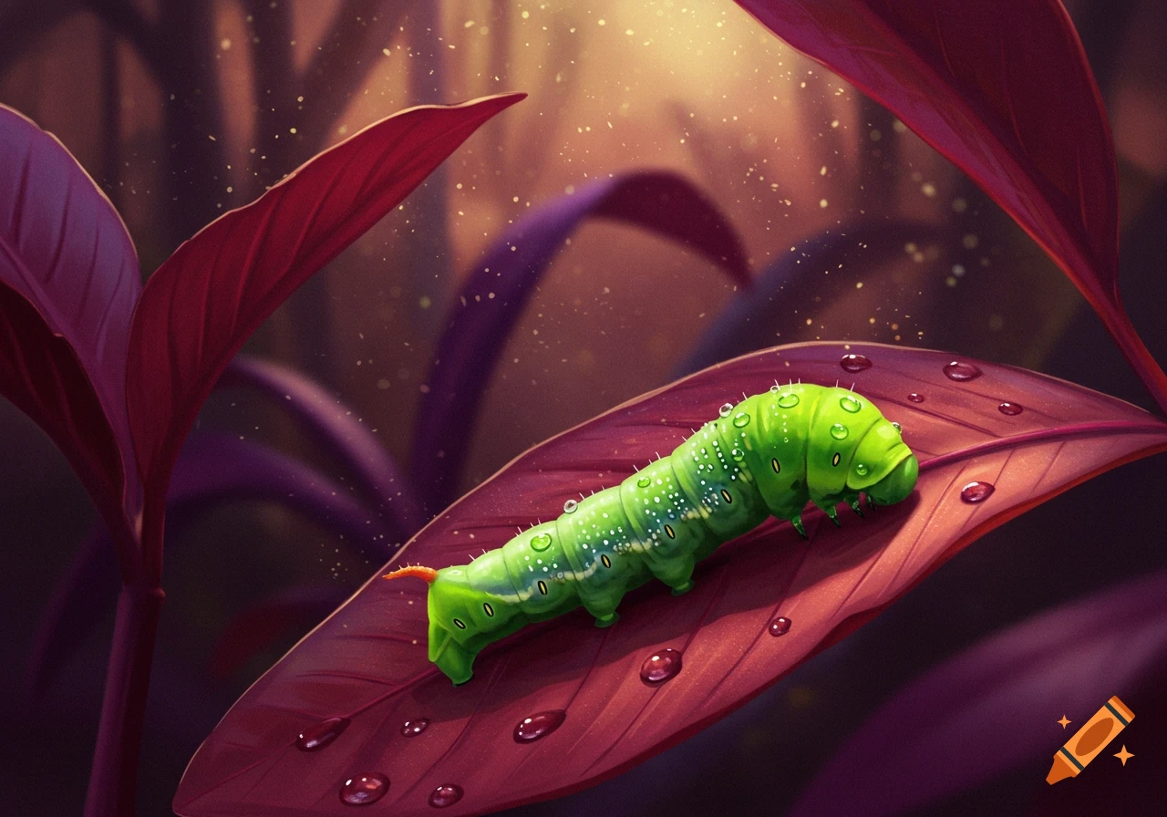 A vibrant green caterpillar covered in dew drops rests on a large red leaf in a lush, illustrative jungle setting.
