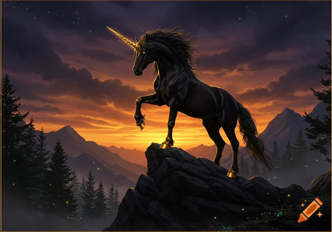 Majestic black unicorn with gold horn and hooves stands rampant on a rocky mountain peak at sunset, overlooking a mystical forest. Fantasy.