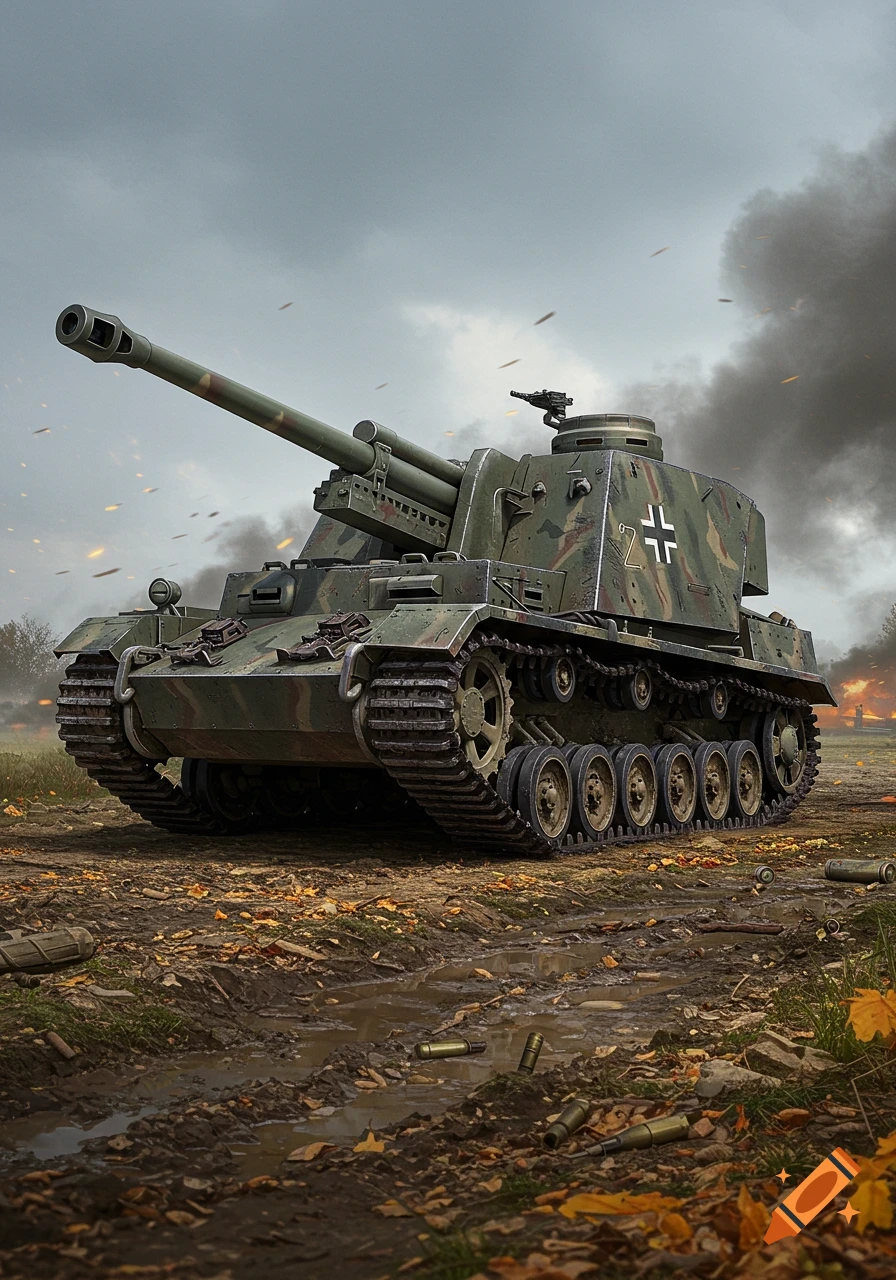 A realistic illustration of a German World War II self-propelled gun on a muddy, leaf-strewn battlefield under a cloudy sky.