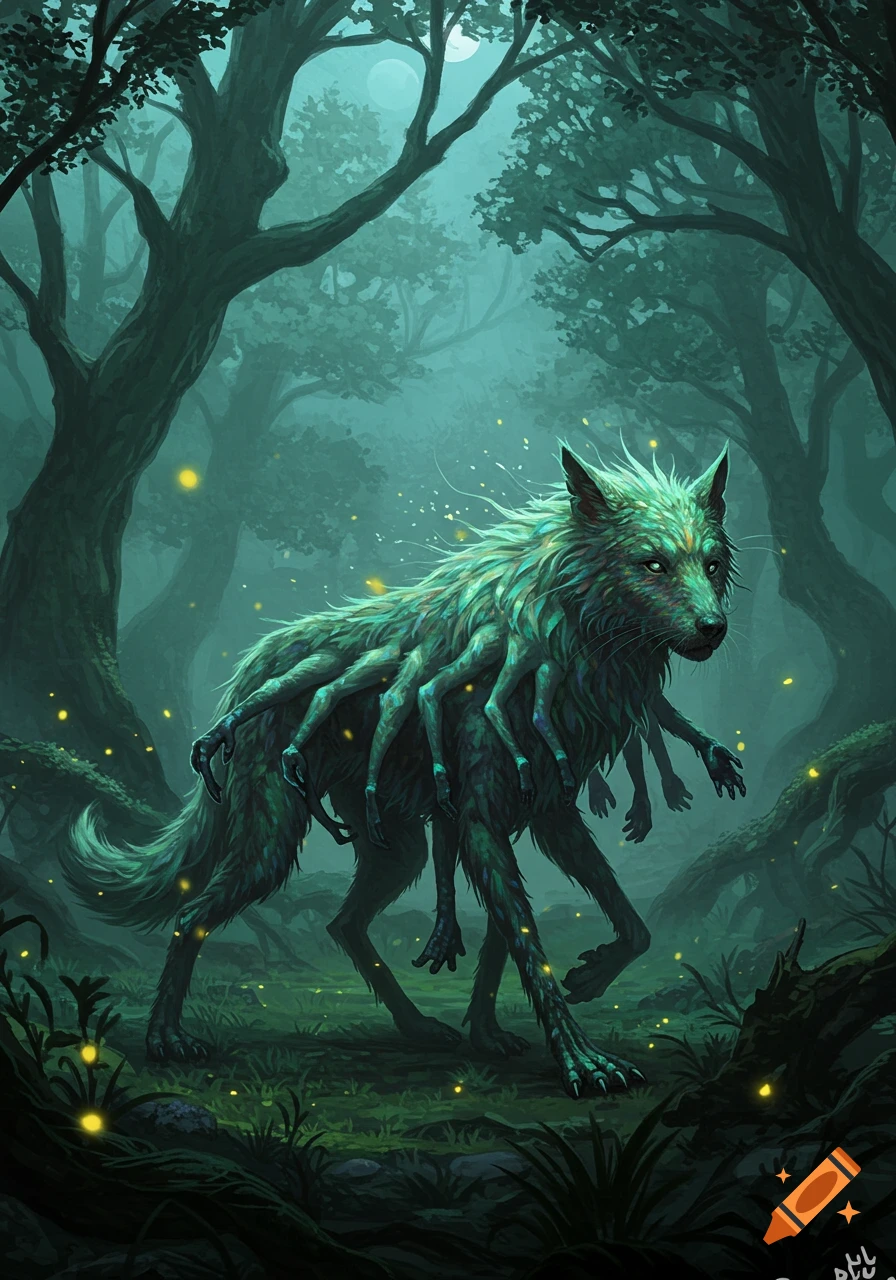 A green, multi-limbed wolf-creature walks through a misty, dark forest with glowing fireflies under a full moon.