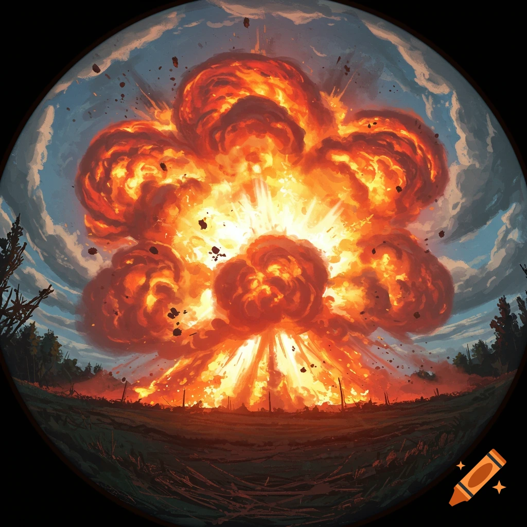 A large, fiery explosion with smoke and debris in an illustrative wide-angle view of a field under a cloudy sky.