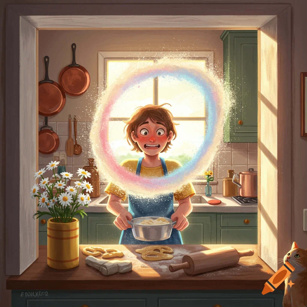 A cartoon illustration of a person with a shocked expression reacting to a colorful flour explosion in a bright kitchen, with a cat on the counter.